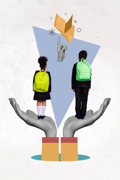 Plakát Koláž Dvě Školní Dítě Stojí Obrovské Ruce Čekat Získat — Stock fotografie
