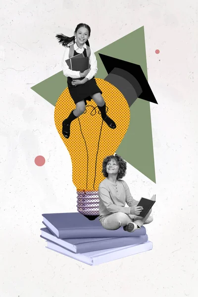 2人の友人の創造的なポスターのコラージュ小さな男の女性研究時間読書本座って電球孤立ペイント背景 — ストック写真