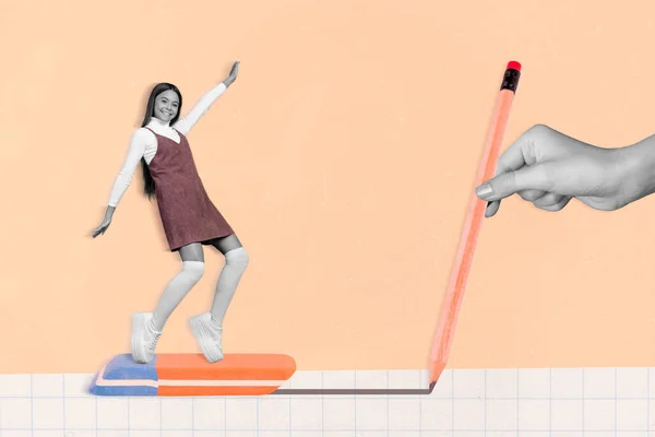 Photo Artwork Minimal Picture Carefree Schoolgirl Riding Eraser Arm Drawing — Stockfoto