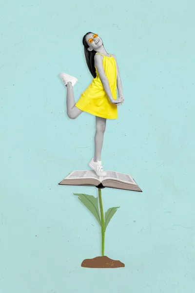 Artwork Magazine Picture Charming Funny Girl Standing Book Growing Plant — Stock Fotó