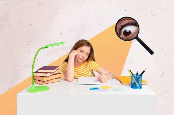 Composite Collage Picture Unsatisfied Bored Girl Prepare Homework Magnifier Lens — Stock Fotó