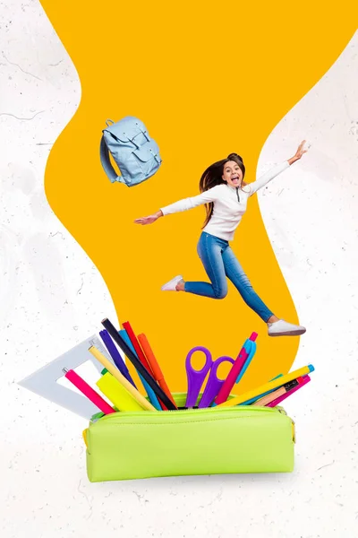 Vertical Composite Collage Crazy Small Girl Flying Bag Jumping Pencil — Stockfoto