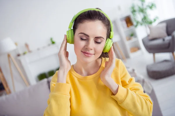 Photo Peaceful Adorable Girl Closed Eyes Hands Touch Headphones Enjoy — Stockfoto