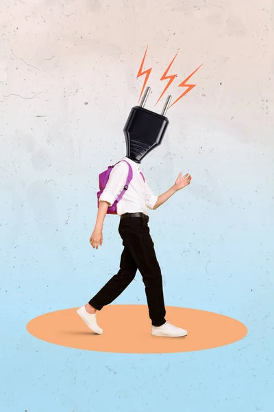 Vertical Collage Picture Walking School Boy Electric Power Plug Instead — Foto Stock