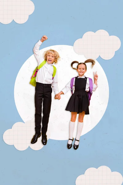 Artwork Magazine Picture Happy Smiling Schoolchildren Flying Air Showing Sign — Foto Stock