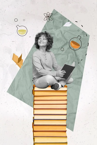 Collage Cartel Inteligente Genio Escuela Niño Sentarse Pila Libro Leer —  Fotos de Stock
