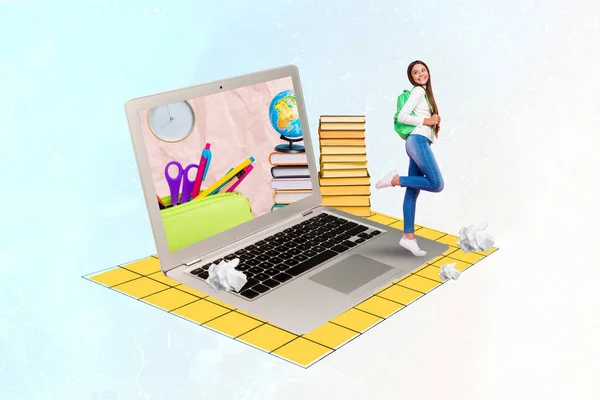 Creative Collage Picture Small Happy Girl Stand Huge Wireless Netbook — Zdjęcie stockowe