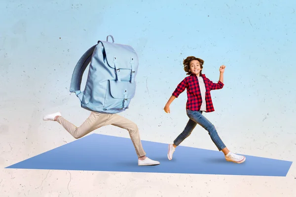 Artwork Magazine Picture Schoolkid Backpack Walking Legs Speed Running Isolated — Fotografia de Stock