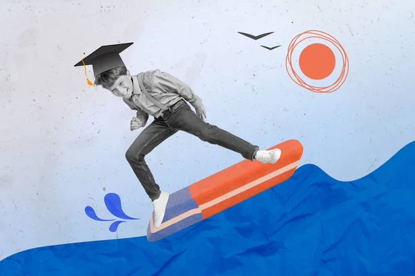 Creative Collage Illustration Mini Boy Black White Effect Surf Big — 스톡 사진
