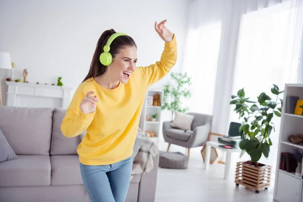 Photo Cheerful Positive Carefree Lady Enjoy Party Dance Move Wear — Stock Photo, Image