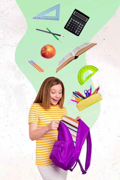 Vertical Collage Portrait Happy Smiling Girl Hold Rucksack Put Book — Stockfoto