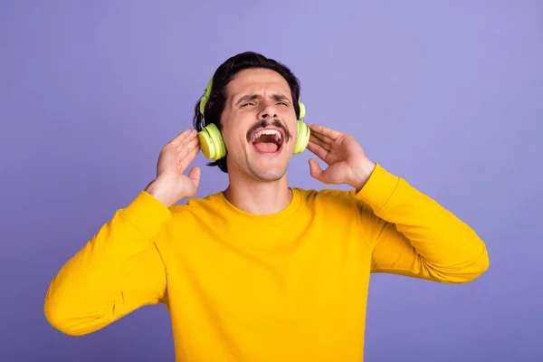 Portrait Overjoyed Satisfied Person Hands Touch Headphones Scream Isolated Purple — Stockfoto