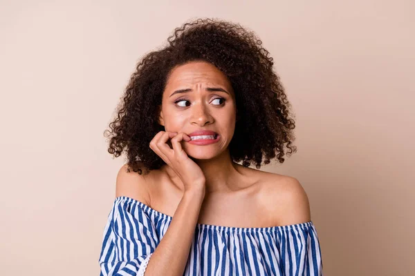 Photo Worried Unsatisfied Lady Biting Finger Nails Look Empty Space — Stock Photo, Image