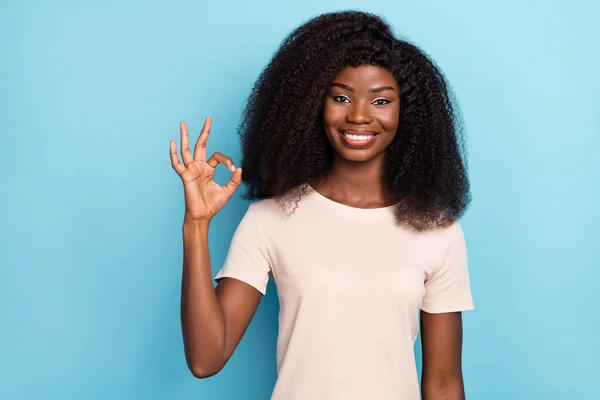 Photo Positive Charming Girl Hand Fingers Demonstrate Okey Symbol Isolated — Stockfoto