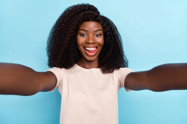 Photo Cheerful Funky Lady Take Selfie Tongue Lick Teeth Have — Foto Stock