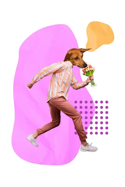 Вертикальний Творчий Колаж Портрет Хлопця Собачої Голови Йде Рукою Тримає — стокове фото