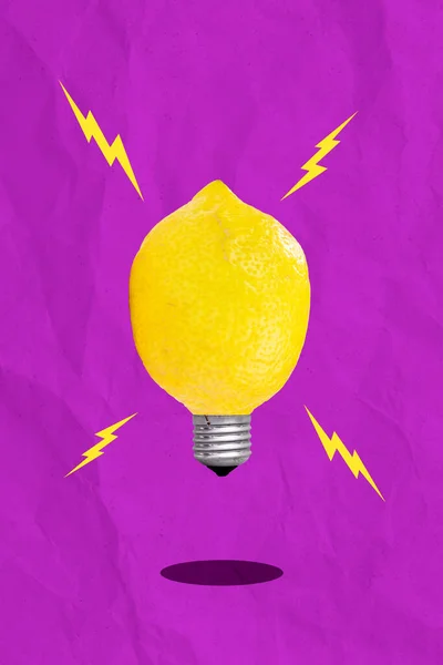 Creative Retro Magazine Collage Yellow Lemon Instead Lamp Isolated Pink — Foto Stock