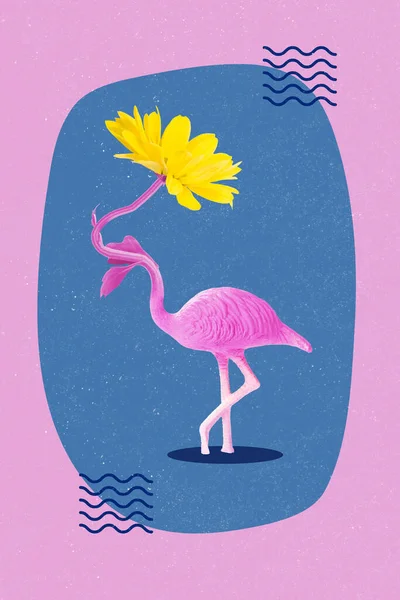 色彩艳丽的粉红色火烈鸟怪物鸟类与黄色植物头颅分离亮色背景的艺术品条幅拼贴 — 图库照片