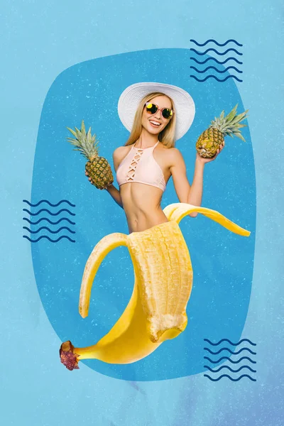 Креативний Фотохудожній Малюнок Графічний Живопис Смішної Дівчини Банана Замість Ніг — стокове фото