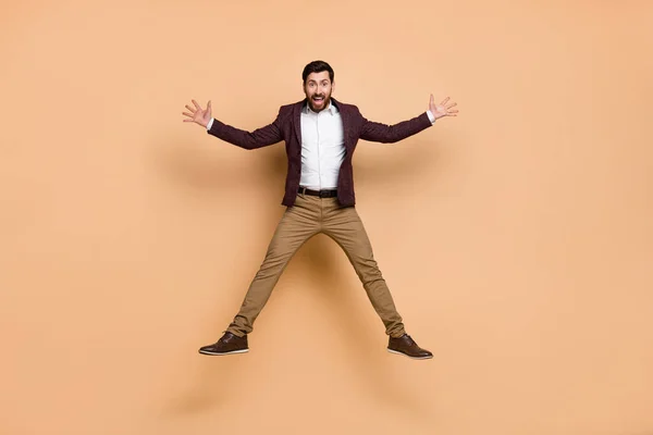 Full Body Photo Flying Businessman Have Fun Fooling Wear Neat — 스톡 사진