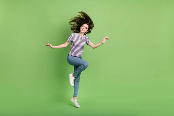 Full Body Photo Overjoyed Cheerful Person Have Fun Jumping Toothy — 스톡 사진