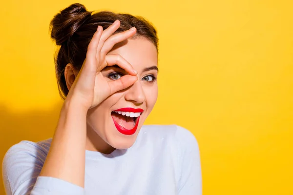 Portrait Young Adorable Young Excited Female Looking Okay Symbol Isolated — Stock Fotó