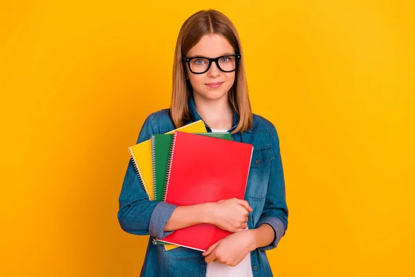 Portrait Adorable Lovely Girl Hold Book Notebook Prepare Lesson Class — Zdjęcie stockowe