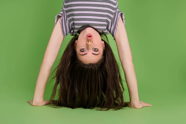 Upside View Portrait Attractive Amazed Girly Funny Girl Standing Hands — Stockfoto