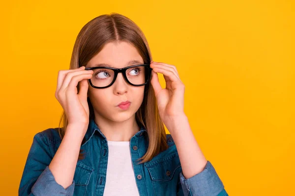 Portrait Minded Creative Small Girl Pupil Hands Touch Glasses Look — Zdjęcie stockowe