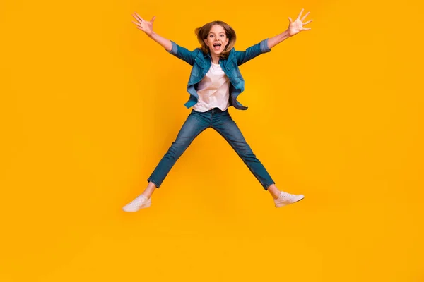 Full Body Photo Overjoyed Satisfied Person Jumping Raise Opened Arms — Stock Photo, Image
