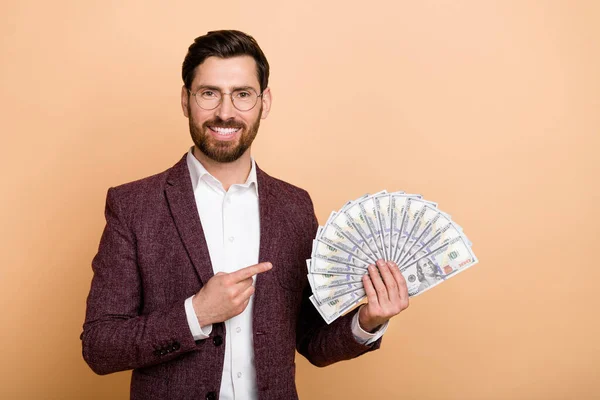 Photo Cheerful Handsome Businessman Accountant Hold Fan Money Dollars Isolated — Fotografia de Stock