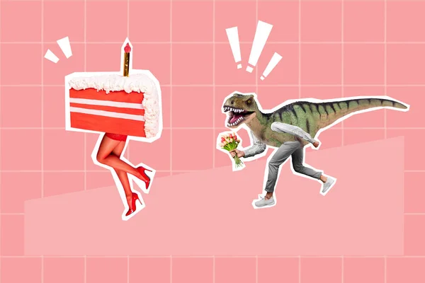 Creatieve Banner Collage Van Verslaafde Man Met Raptor Lichaam Run — Stockfoto