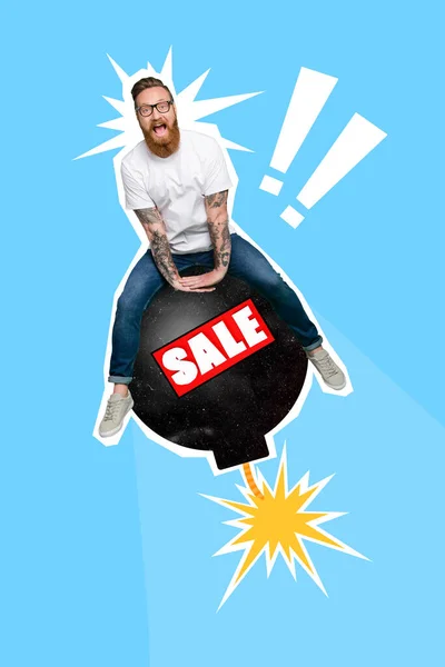 Vertical Collage Image Excited Overjoyed Guy Sitting Huge Sale Discount — Stockfoto
