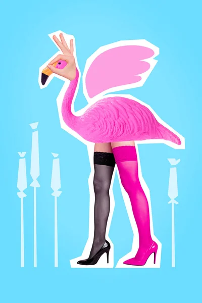 Creative Magazine Collage Strange Beast Flamingo Female Feet Wearing Black — Photo