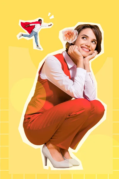 Vertical Creative Collage Illustration Positive Minded Girl Think Mini Flying — Fotografia de Stock