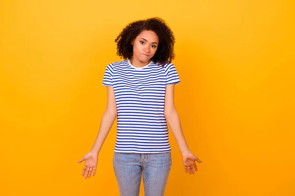 Photo Doubtful Funny Girl Dressed Striped Shirt Shrugging Shoulders Isolated — Stock Photo, Image