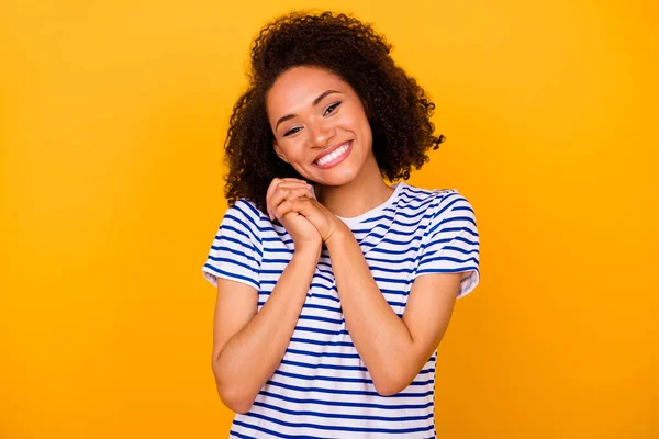 Photo Funky Excited Girl Dressed Striped Shirt Hands Arms Together — Stockfoto
