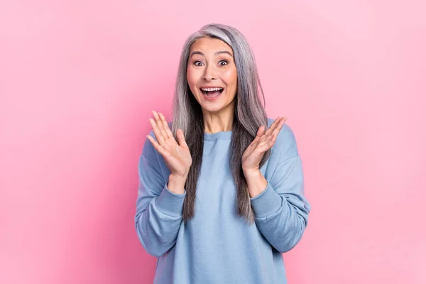 Photo Shiny Excited Retired Woman Blue Sweater Rising Arms Open — Stock Fotó