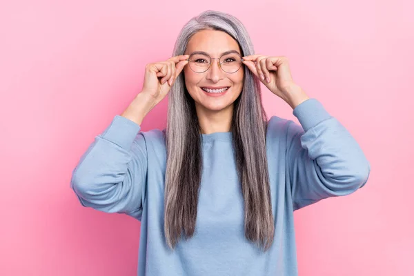 Photo Pretty Sweet Retired Woman Blue Sweater Arms Spectacles Smiling — Stockfoto