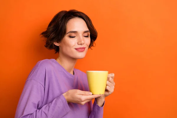 Portrait Charming Adorable Lady Closed Eyes Smell Coffee Isolated Orange — Fotografia de Stock