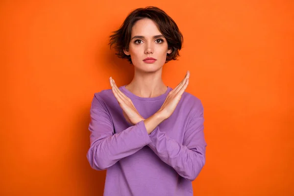 Portrait Confident Serious Girl Crossed Arms Demonstrate Stop Gesture Isolated — Stockfoto