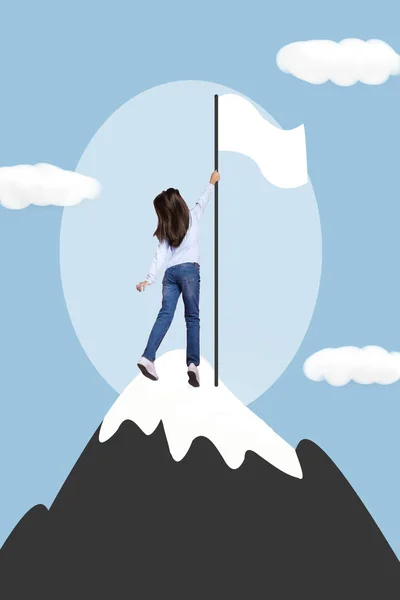 Vertical collage illustration of little girl climb mountain top hand hold white flag painted clouds sky.
