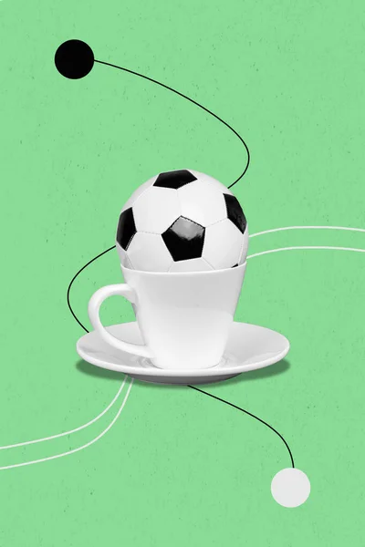 Vertical composite collage portrait of big football inside coffee cup isolated on drawing green background.