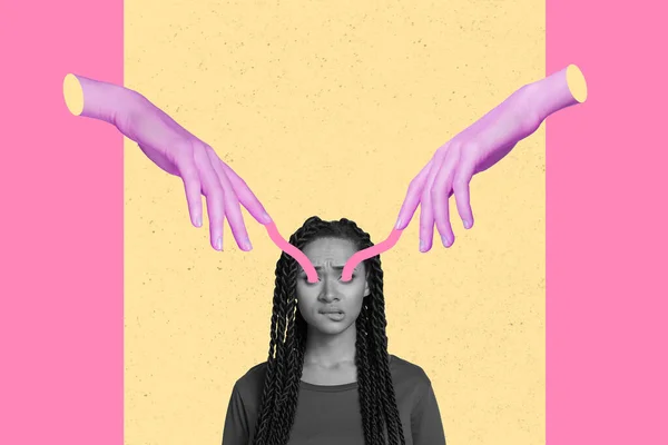 Composite Collage Illustration Two Big Arms Fingers Connect Puzzled Girl — Fotografia de Stock