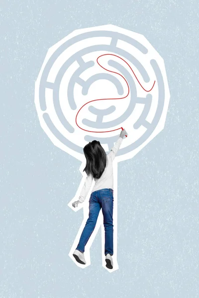 Vertical Collage Illustration Little Girl Hand Drawing Labyrinth Line Isolated — ストック写真