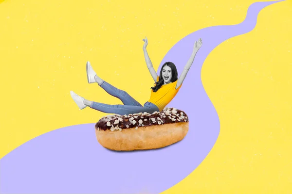 Creative Collage Image Positive Excited Girl Sitting Huge Donut Ride — Stockfoto