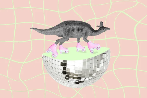 Creative retro 3d magazine image of funny funky dino riding rollers half disco ball isolated drawing background.