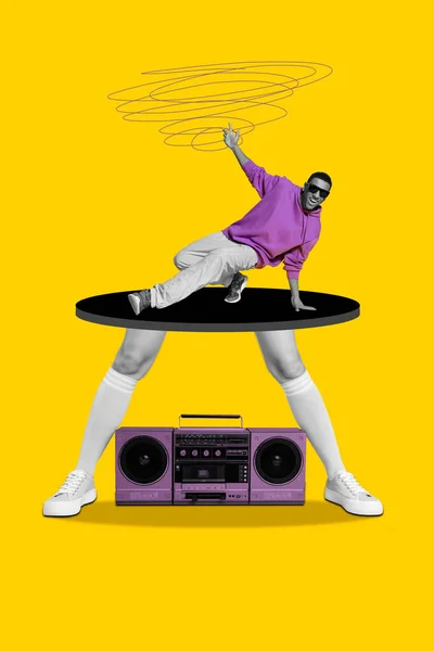 Vertical collage illustration of overjoyed excited guy black white colors dancing floor huge woman legs isolated on yellow background.