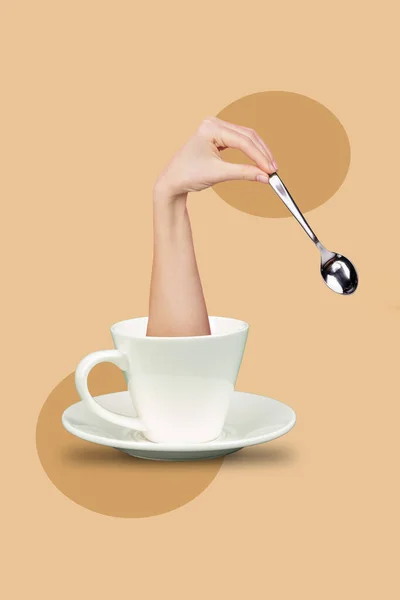 Vertikale Collage Illustration Von Großen Menschlichen Arm Kaffeetasse Halten Löffel — Stockfoto