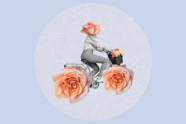 Artwork Magazine Picture Funny Funky Lady Riding Bike Roses Instead — Zdjęcie stockowe